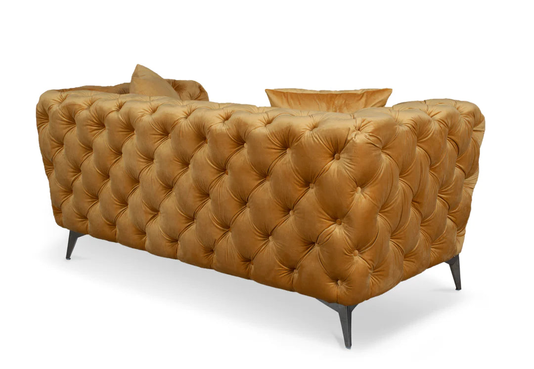 Velvet Fabric Chesterfield Gold 2 Seater Sofa With Silver Feet