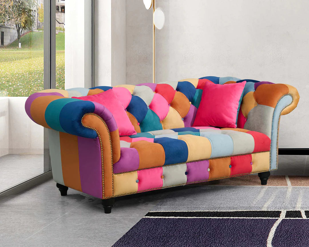 Multicoloured Velvet Patchwork 2 Seater Scroll Arm Chesterfield Sofa