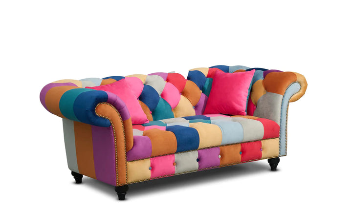 Multicoloured Velvet Patchwork 2 Seater Scroll Arm Chesterfield Sofa