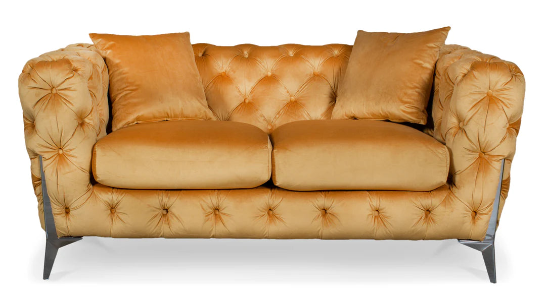 Velvet Fabric Chesterfield Gold 2 Seater Sofa With Silver Feet