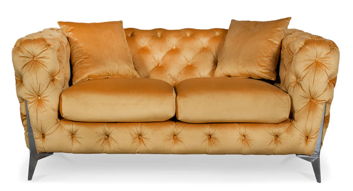 Velvet Fabric Chesterfield Gold 2 Seater Sofa With Silver Feet