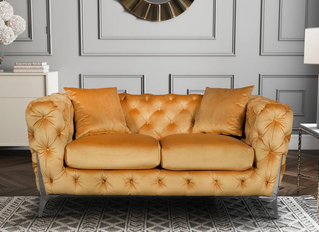 Velvet Fabric Chesterfield Gold 2 Seater Sofa With Silver Feet