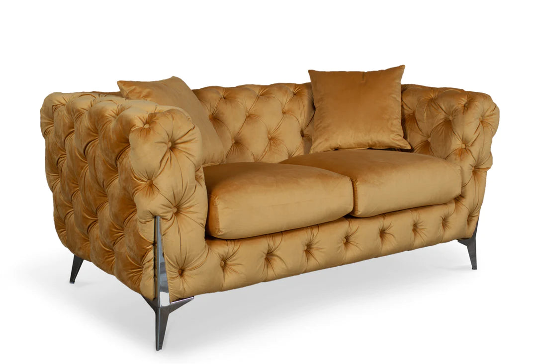 Velvet Fabric Chesterfield Gold 2 Seater Sofa With Silver Feet