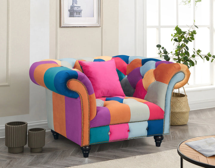 Multicoloured Velvet Patchwork 1 Seater Scroll Arm Chesterfield Sofa