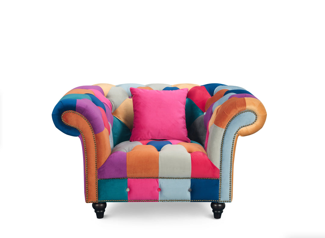 Multicoloured Velvet Patchwork 1 Seater Scroll Arm Chesterfield Sofa