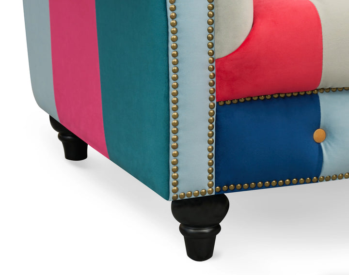 Multicoloured Velvet Patchwork 1 Seater Scroll Arm Chesterfield Sofa