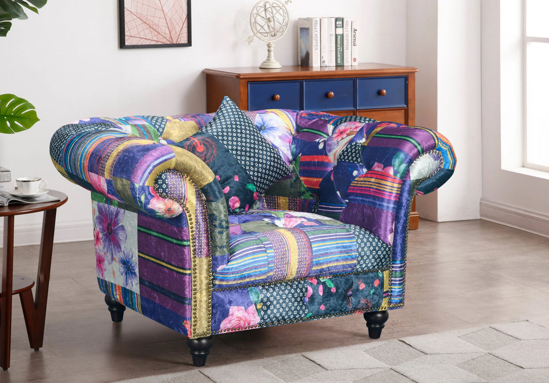 Multicoloured Fabric Patchwork 1 Seater Scroll Arm Chesterfield Sofa