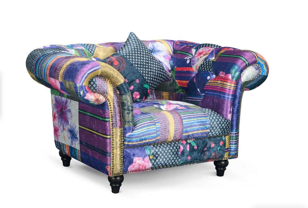 Multicoloured Fabric Patchwork 1 Seater Scroll Arm Chesterfield Sofa