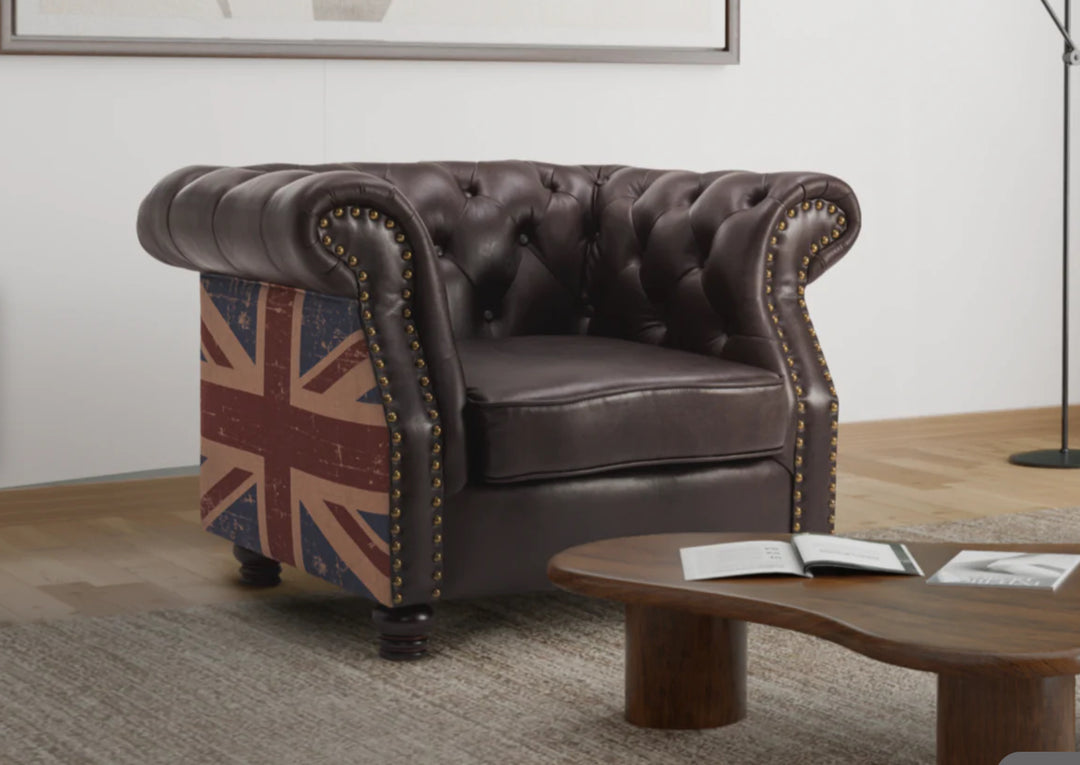 Faux Leather Brown 1 Seater Union Jack Chesterfield Sofa