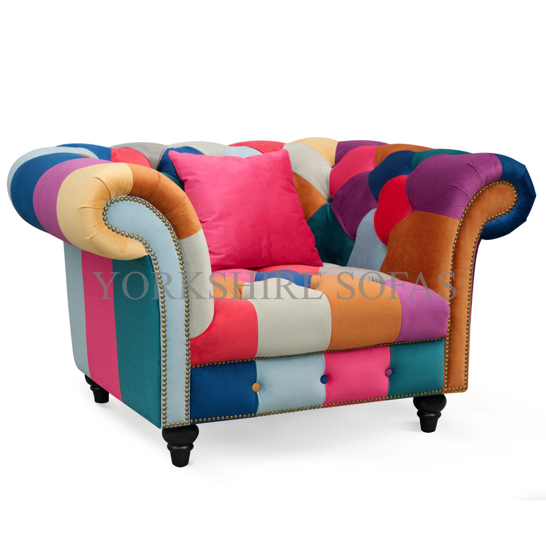 Multicoloured Velvet Patchwork 1 Seater Scroll Arm Chesterfield Sofa