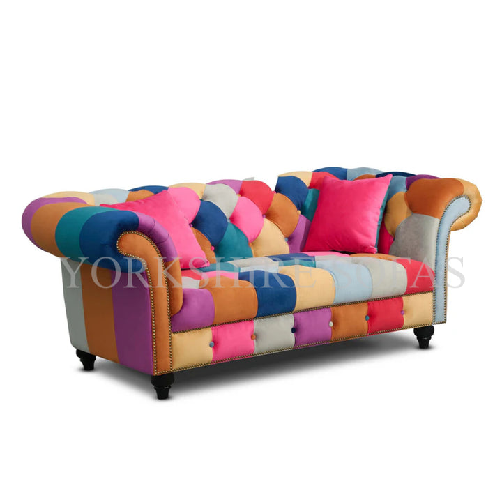 Multicoloured Velvet Patchwork 2 Seater Scroll Arm Chesterfield Sofa